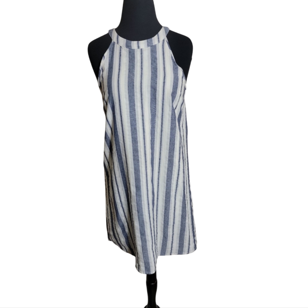 Monteau striped halter mini dress gray cream sleeveless casual women's small